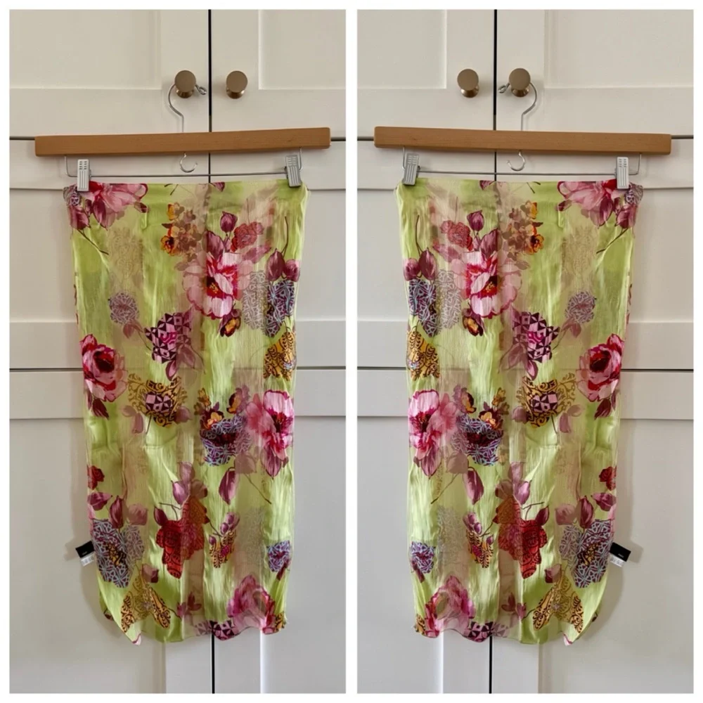90s Vintage Marcrozier Paris Floral Print Silk Oblong Scarf Wrap, Green & Pink